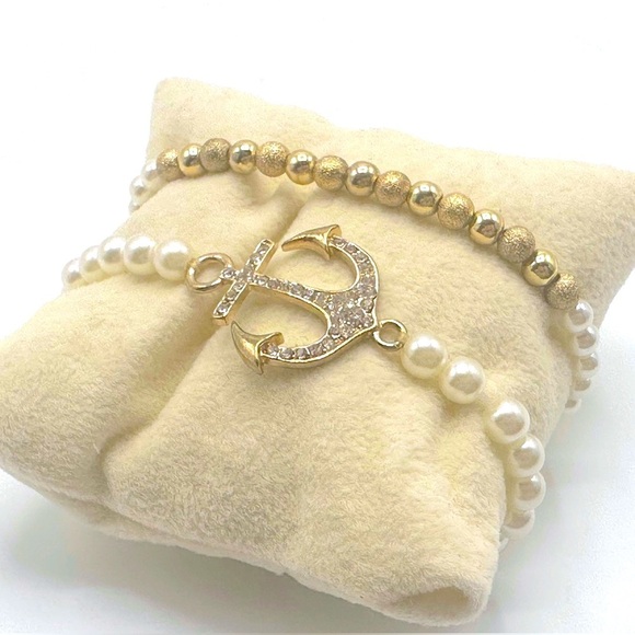 Nautical Anchor‎ Pearl Bead Stretch Bracelet Set - Picture 2 of 4